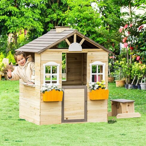 Outsunny Wooden Playhouse for Kids Outdoor Garden Pretend Play Games, Adventures Cottage, with Working Door, Windows, Bench, Service Station, Flowers Pot Holder, for 3-7 Years Old in Kuwait
