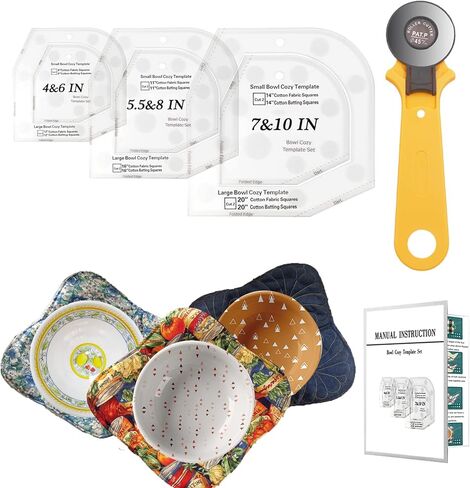 Bowl Cozy Pattern Template Cutting Ruler Set with Rotary Cutter and User Manual,Acrylic Stencils for DIY Arts Crafts Quilting Supplies,Quilting Rulers and Templates for Sewing（3 Sets of 6 Sizes） in Saudi Arabia