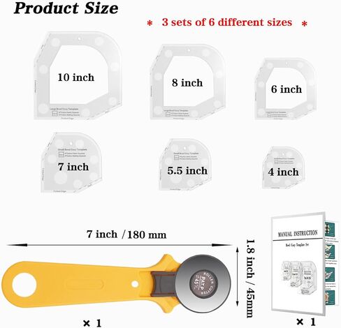 Bowl Cozy Pattern Template Cutting Ruler Set with Rotary Cutter and User Manual,Acrylic Stencils for DIY Arts Crafts Quilting Supplies,Quilting Rulers and Templates for Sewing（3 Sets of 6 Sizes） in Saudi Arabia