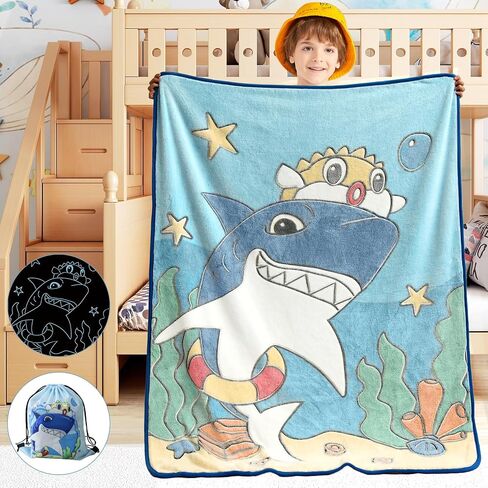 Ikowo Glow in The Dark Shark Blanket, Cool Shark Toys Birthday Gifts for Kids Toddler Boys Shark Lovers Blue Luminous Throw Blanket for 1 2 3 4 5 6 7 8 9 10 Year Old Boy Gift Ideas in Saudi Arabia