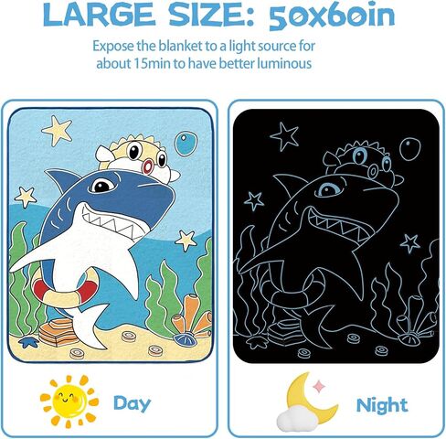 Ikowo Glow in The Dark Shark Blanket, Cool Shark Toys Birthday Gifts for Kids Toddler Boys Shark Lovers Blue Luminous Throw Blanket for 1 2 3 4 5 6 7 8 9 10 Year Old Boy Gift Ideas in Saudi Arabia