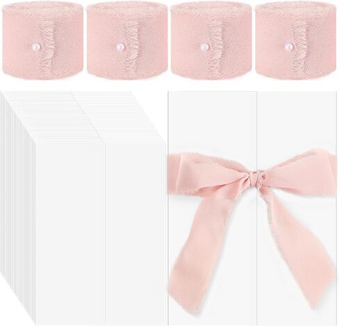 Berlune 50 Pack Vellum Jackets for 5x7 Invitations Pre Folded Vellum Jackets 4 Rolls 1'' x 10 yd Pink Chiffon Ribbon Wedding Invitations Wraps Translucent Vellum Paper for Baby Shower Birthday Cards in Saudi Arabia