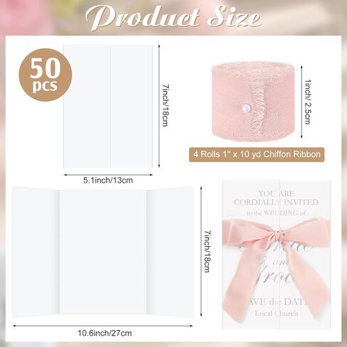 Berlune 50 Pack Vellum Jackets for 5x7 Invitations Pre Folded Vellum Jackets 4 Rolls 1'' x 10 yd Pink Chiffon Ribbon Wedding Invitations Wraps Translucent Vellum Paper for Baby Shower Birthday Cards in Saudi Arabia