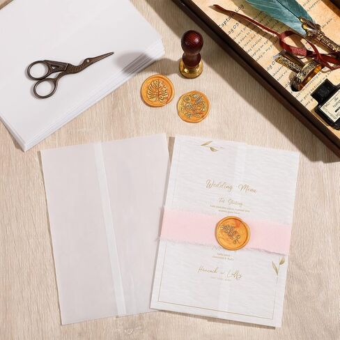Berlune 50 Pack Vellum Jackets for 5x7 Invitations Pre Folded Vellum Jackets 4 Rolls 1'' x 10 yd Pink Chiffon Ribbon Wedding Invitations Wraps Translucent Vellum Paper for Baby Shower Birthday Cards in Saudi Arabia