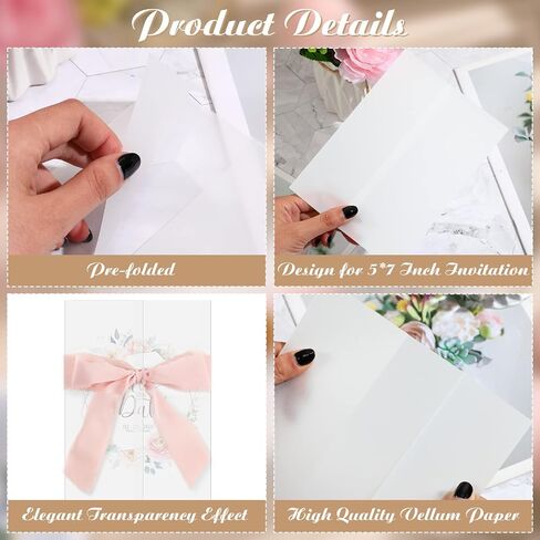 Berlune 50 Pack Vellum Jackets for 5x7 Invitations Pre Folded Vellum Jackets 4 Rolls 1'' x 10 yd Pink Chiffon Ribbon Wedding Invitations Wraps Translucent Vellum Paper for Baby Shower Birthday Cards in Saudi Arabia