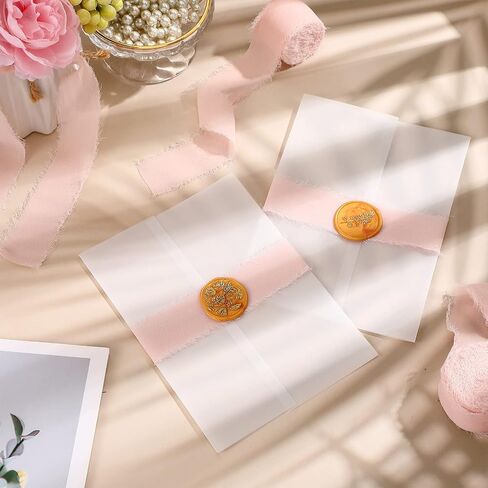 Berlune 50 Pack Vellum Jackets for 5x7 Invitations Pre Folded Vellum Jackets 4 Rolls 1'' x 10 yd Pink Chiffon Ribbon Wedding Invitations Wraps Translucent Vellum Paper for Baby Shower Birthday Cards in Saudi Arabia