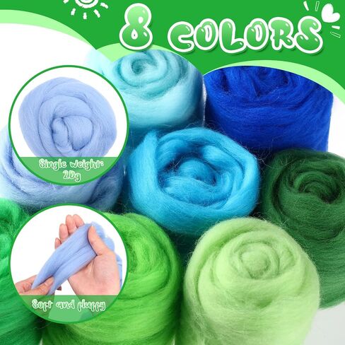 8 Colors 160g Needle Felting Wool Colorful Wool Roving Beautiful Roving Wool Nature Wool Roving Yarn Handmade Sheep Wool Needle Felting Color Wool Sets for Felting DIY Craft (Green Series) in Saudi Arabia