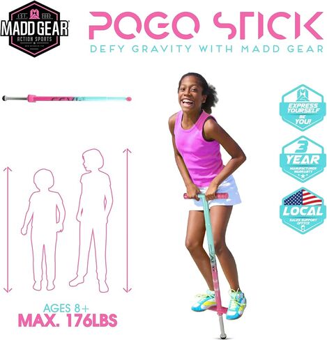 ماد جير عصا بوجو للاطفال - مثالية للاطفال من سن 8 سنوات فما فوق - عصا بوجو للمبتدئين - اقصى وزن 175 باوند - بينك/ازرق مخضر in Kuwait