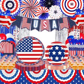 ديكورات الرابع/الرابع من يوليو، لوازم الحفلات الوطنية، أطباق ومناديل باللونين الأحمر والأبيض والأزرق مع مفرش المائدة، والبالونات، ومراوح الورق، وستارة هامشية للديكور التذكاري لقدامى المحاربين في يوم الاستقلال، خدمة 24 in Kuwait