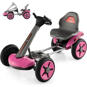 HONEY JOY 12V Go Kart for Kids, 4-Wheel Folding Pedal Go Kart, 2-Position Adjustable Steering Wheel & Seat, Lights, Cup Holder, Slow Start, Electric Go Cart Ride on Car, Gift for Boys Girls (Pink)
