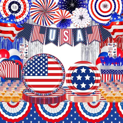 ديكورات الرابع/الرابع من يوليو، لوازم الحفلات الوطنية، أطباق ومناديل باللونين الأحمر والأبيض والأزرق مع مفرش المائدة، والبالونات، ومراوح الورق، وستارة هامشية للديكور التذكاري لقدامى المحاربين في يوم الاستقلال، خدمة 24 in Kuwait