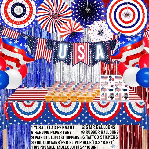 ديكورات الرابع/الرابع من يوليو، لوازم الحفلات الوطنية، أطباق ومناديل باللونين الأحمر والأبيض والأزرق مع مفرش المائدة، والبالونات، ومراوح الورق، وستارة هامشية للديكور التذكاري لقدامى المحاربين في يوم الاستقلال، خدمة 24 in Kuwait