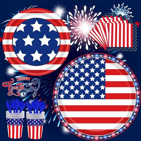 ديكورات الرابع/الرابع من يوليو، لوازم الحفلات الوطنية، أطباق ومناديل باللونين الأحمر والأبيض والأزرق مع مفرش المائدة، والبالونات، ومراوح الورق، وستارة هامشية للديكور التذكاري لقدامى المحاربين في يوم الاستقلال، خدمة 24 in Kuwait