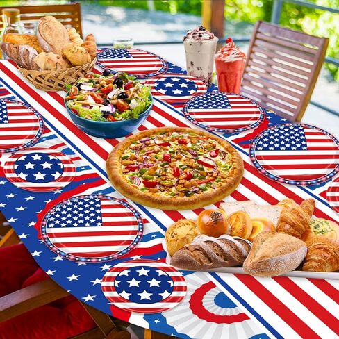 ديكورات الرابع/الرابع من يوليو، لوازم الحفلات الوطنية، أطباق ومناديل باللونين الأحمر والأبيض والأزرق مع مفرش المائدة، والبالونات، ومراوح الورق، وستارة هامشية للديكور التذكاري لقدامى المحاربين في يوم الاستقلال، خدمة 24 in Kuwait