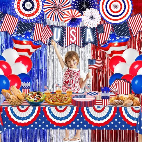 ديكورات الرابع/الرابع من يوليو، لوازم الحفلات الوطنية، أطباق ومناديل باللونين الأحمر والأبيض والأزرق مع مفرش المائدة، والبالونات، ومراوح الورق، وستارة هامشية للديكور التذكاري لقدامى المحاربين في يوم الاستقلال، خدمة 24 in Kuwait