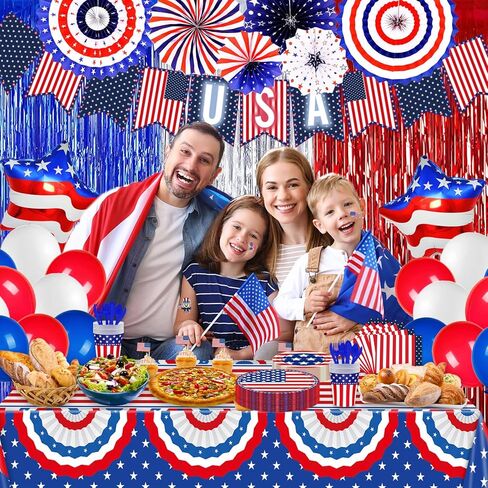 ديكورات الرابع/الرابع من يوليو، لوازم الحفلات الوطنية، أطباق ومناديل باللونين الأحمر والأبيض والأزرق مع مفرش المائدة، والبالونات، ومراوح الورق، وستارة هامشية للديكور التذكاري لقدامى المحاربين في يوم الاستقلال، خدمة 24 in Kuwait