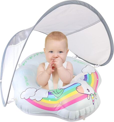 Baby Swimming Pool Floats with Canopy, No Flip Over Inflatable Baby Float with Sponge Safety Support Bottom, Fun Water Toys for Kids 3-36 Months in Kuwait