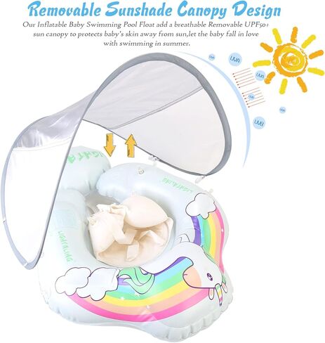 Baby Swimming Pool Floats with Canopy, No Flip Over Inflatable Baby Float with Sponge Safety Support Bottom, Fun Water Toys for Kids 3-36 Months in Kuwait