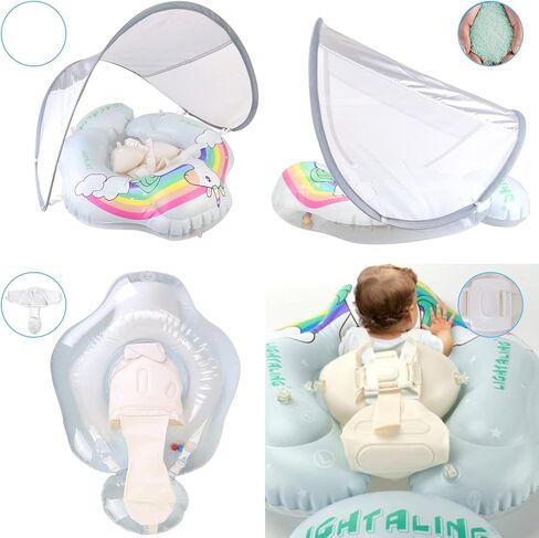 Baby Swimming Pool Floats with Canopy, No Flip Over Inflatable Baby Float with Sponge Safety Support Bottom, Fun Water Toys for Kids 3-36 Months in Kuwait