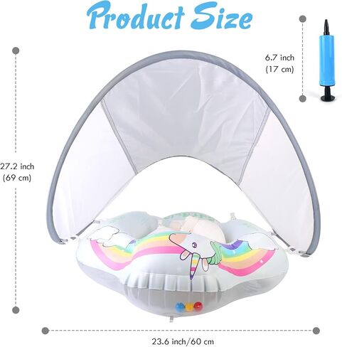 Baby Swimming Pool Floats with Canopy, No Flip Over Inflatable Baby Float with Sponge Safety Support Bottom, Fun Water Toys for Kids 3-36 Months in Kuwait