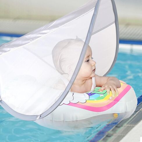 Baby Swimming Pool Floats with Canopy, No Flip Over Inflatable Baby Float with Sponge Safety Support Bottom, Fun Water Toys for Kids 3-36 Months in Kuwait
