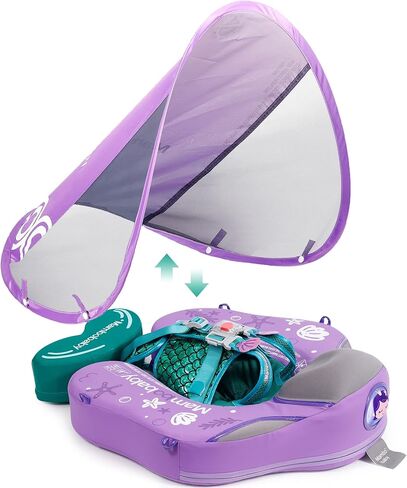 Mambobaby Float Upgrade Add Tail Baby Float مع مظلة لخصر الرضع، حلقة سباحة لتدريب السباحة، ألعاب غير قابلة للنفخ مع حزام أمان قابل للتعديل (أزرق - سمكة ملونة) in Kuwait