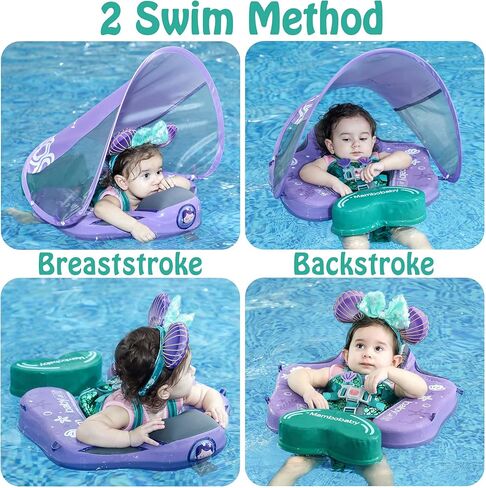 Mambobaby Float Upgrade Add Tail Baby Float مع مظلة لخصر الرضع، حلقة سباحة لتدريب السباحة، ألعاب غير قابلة للنفخ مع حزام أمان قابل للتعديل (أزرق - سمكة ملونة) in Kuwait