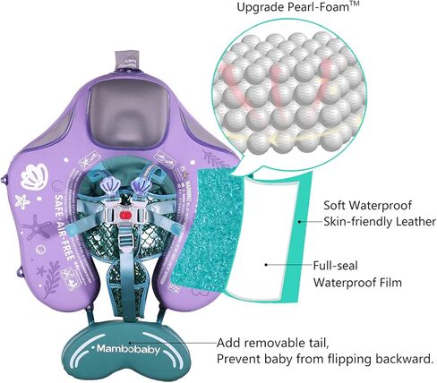 Mambobaby Float Upgrade Add Tail Baby Float مع مظلة لخصر الرضع، حلقة سباحة لتدريب السباحة، ألعاب غير قابلة للنفخ مع حزام أمان قابل للتعديل (أزرق - سمكة ملونة) in Kuwait