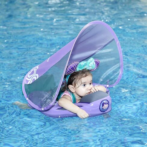 Mambobaby Float Upgrade Add Tail Baby Float مع مظلة لخصر الرضع، حلقة سباحة لتدريب السباحة، ألعاب غير قابلة للنفخ مع حزام أمان قابل للتعديل (أزرق - سمكة ملونة) in Kuwait