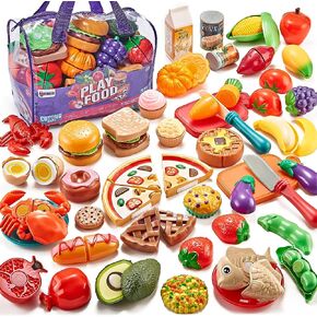 Laugigle Pretend Play Food for Kids Kitchen - 78Pc Cutting Toy Food with Storage Bag, Food Toys with Veggies, Fruits, Fake Food with Pizza Toy, Pretend Food, Play Kitchen Accessories, Boys Girls Gift in Saudi Arabia