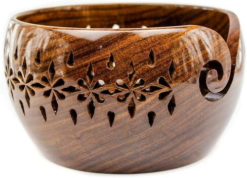 Nagina International Rosewood Crafted Wooden Yarn Storage Bowl With Carved Holes & Drills | Knitting Crochet Accessories (Large) in Kuwait