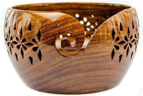 Nagina International Rosewood Crafted Wooden Yarn Storage Bowl With Carved Holes & Drills | Knitting Crochet Accessories (Large) in Kuwait