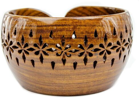 Nagina International Rosewood Crafted Wooden Yarn Storage Bowl With Carved Holes & Drills | Knitting Crochet Accessories (Large) in Kuwait