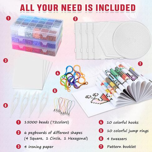 QUEFE Fuse Beads Kit of 72 Assorted Colors, 15000 5mm Beads Craft Kit Including Pegboard, Melting Beads, Ironing Paper, Tweezers & Colorful Hooks, Great Creative Arts and Crafts Set for Girls in Kuwait