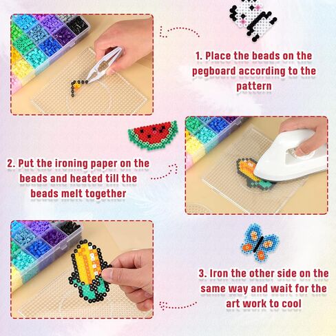QUEFE Fuse Beads Kit of 72 Assorted Colors, 15000 5mm Beads Craft Kit Including Pegboard, Melting Beads, Ironing Paper, Tweezers & Colorful Hooks, Great Creative Arts and Crafts Set for Girls in Kuwait