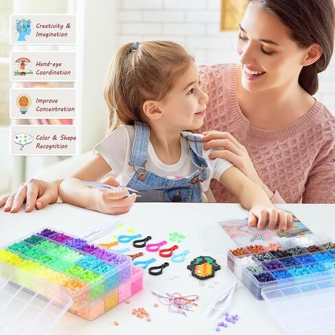 QUEFE Fuse Beads Kit of 72 Assorted Colors, 15000 5mm Beads Craft Kit Including Pegboard, Melting Beads, Ironing Paper, Tweezers & Colorful Hooks, Great Creative Arts and Crafts Set for Girls in Kuwait