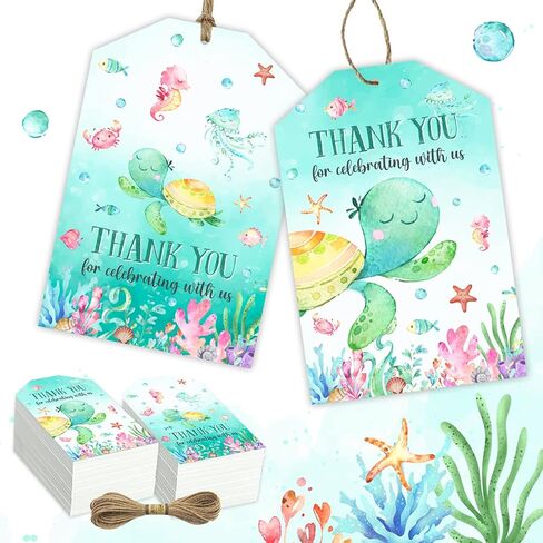 Under The Sea Tags-Ocean Themed Party Supplies 50Pcs Sea Turtle Thank You Gift Tags with String Ocean Hanging Name Labels for Birthday Baby Shower in Saudi Arabia