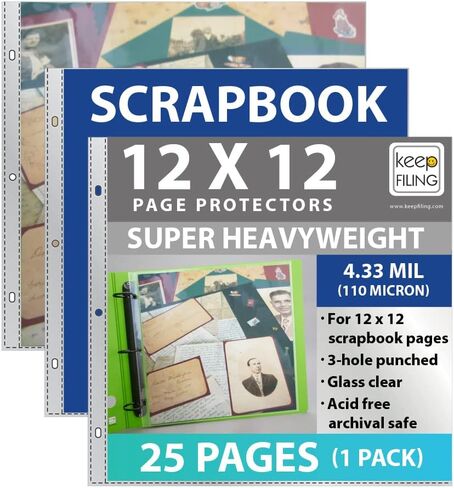 Acid Free 12x12 Scrapbook Page Protectors for 3-Ring Albums, Super Heavyweight Non-Flimsy Material, 25 Pages (1 Pack), by Keepfiling in Kuwait