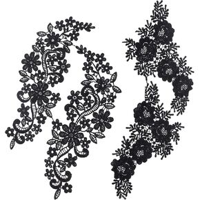 GORGECRAFT 2PCS Neckline Applique Collar Trims Patch Embroidered Floral Water Soluble Lace for Wedding Dress Gown Costumes Sewing Clothing Accessories (Black)