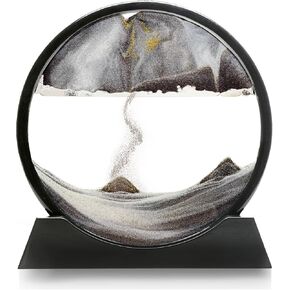 Zen Large 12" Moving Sand Art Decor - Round Glass Frame 3D Hourglass Deep Sea Sandscape Quicksand Decor, Mindful Black Sand Art Liquid Motion for Adults Office Home Decor
