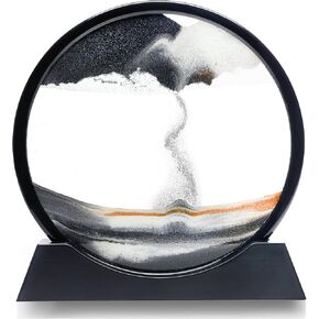Zen Large 12" Moving Sand Art Decor - Round Glass Frame 3D Hourglass Deep Sea Sandscape Quicksand Decor, Mindful Black Sand Art Liquid Motion for Adults Office Home Decor