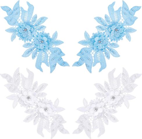 Joez Wonderful 2 Piars Flower Lace Applique Embellishments, 3D Lace Pearl Appliques Sew on Floral Patches, Embroidery Fabric Patches for Clothes Wedding Bride Dress Prom Dress Decoration, White+Blue in Saudi Arabia