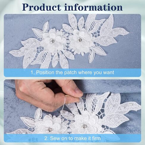 Joez Wonderful 2 Piars Flower Lace Applique Embellishments, 3D Lace Pearl Appliques Sew on Floral Patches, Embroidery Fabric Patches for Clothes Wedding Bride Dress Prom Dress Decoration, White+Blue in Saudi Arabia