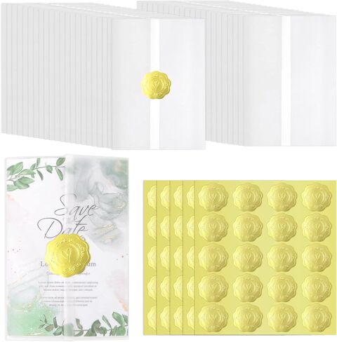 ايفيجوفز 100 عبوة من جواكت فيلوم مطوية مسبقا لدعوات 4×6، ورق فيلوم 4×6، لفافات ورقية شفافة لدعوات الزفاف مع ملصقات ختم لاصقة واغلاق مغلف in Kuwait