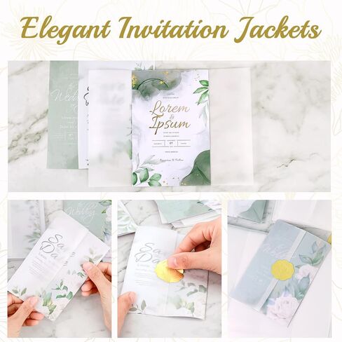 ايفيجوفز 100 عبوة من جواكت فيلوم مطوية مسبقا لدعوات 4×6، ورق فيلوم 4×6، لفافات ورقية شفافة لدعوات الزفاف مع ملصقات ختم لاصقة واغلاق مغلف in Kuwait