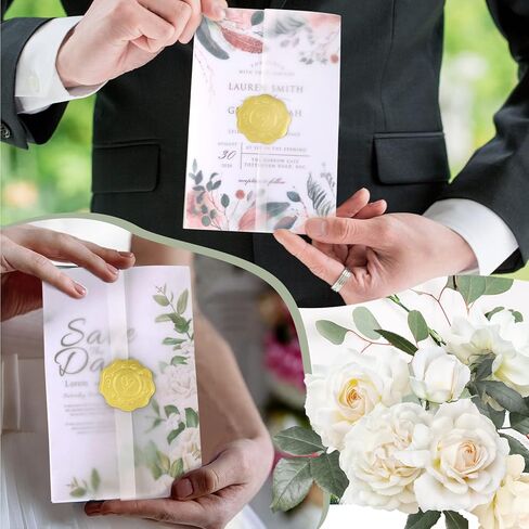 ايفيجوفز 100 عبوة من جواكت فيلوم مطوية مسبقا لدعوات 4×6، ورق فيلوم 4×6، لفافات ورقية شفافة لدعوات الزفاف مع ملصقات ختم لاصقة واغلاق مغلف in Kuwait