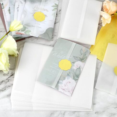 ايفيجوفز 100 عبوة من جواكت فيلوم مطوية مسبقا لدعوات 4×6، ورق فيلوم 4×6، لفافات ورقية شفافة لدعوات الزفاف مع ملصقات ختم لاصقة واغلاق مغلف in Kuwait