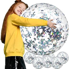 Civaner 6 Pieces Inflatable Beach Ball Clear Sequins Glitter Summer Swimming Pool Balls 24 Inches Wedding Outdoor Decor Ornaments Floatable Confetti Decor for Beach Party Xmas Party Favor(Gold)