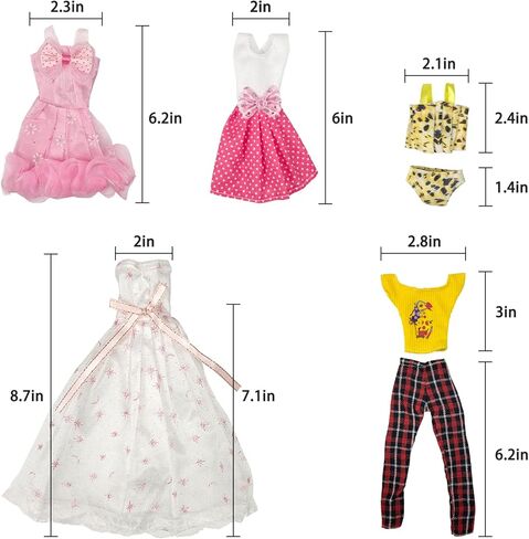 60 قطعة من ملابس واكسسوارات الدمى مقاس 11.5 انش بما في ذلك فساتين الزفاف والفساتين الأنيقة والبلايز والسراويل والبكيني وحذاء السباحة وشماعات الاحذية والقلائد والتاج والكريسماس للبنات بعمر 6-12 سنة in Kuwait