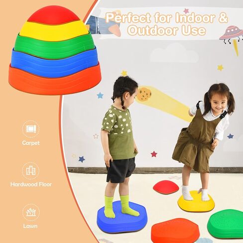 HONEY JOY Balance Stepping Stones للأطفال، 11 قطعة سطح محكم غير قابل للانزلاق وحواف مطاطية، لعبة مسار العوائق الداخلية والخارجية، معدات اللياقة البدنية للأطفال لتنسيق التوازن والقوة in Kuwait